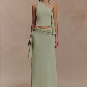 Meshki Sage Maxi Skirt
Xanthia knit halter and Bowie low rise knit maxi skirt
